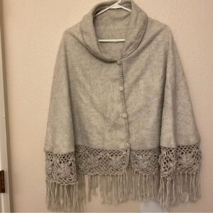 Alpaca Diana Peru Grey Shawl Poncho Wrap Fringe crochet One Size